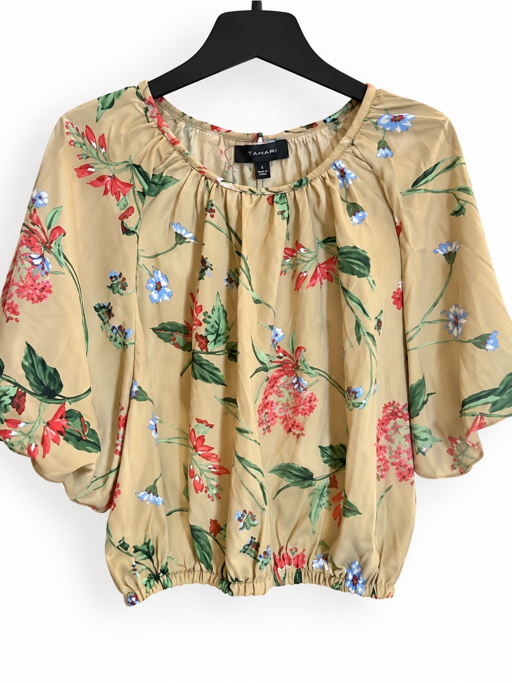 Tahari Beige Floral garden party inspired balloon sleeve Blouse